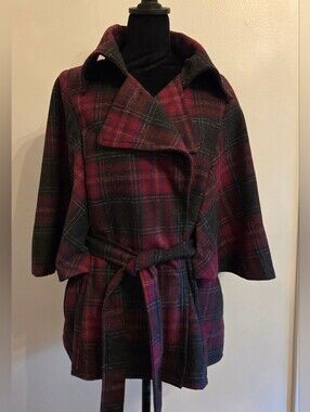 Dots Plaid Belted Cape Coat Poly Wool Blend Retro Dark Academia Size 2X